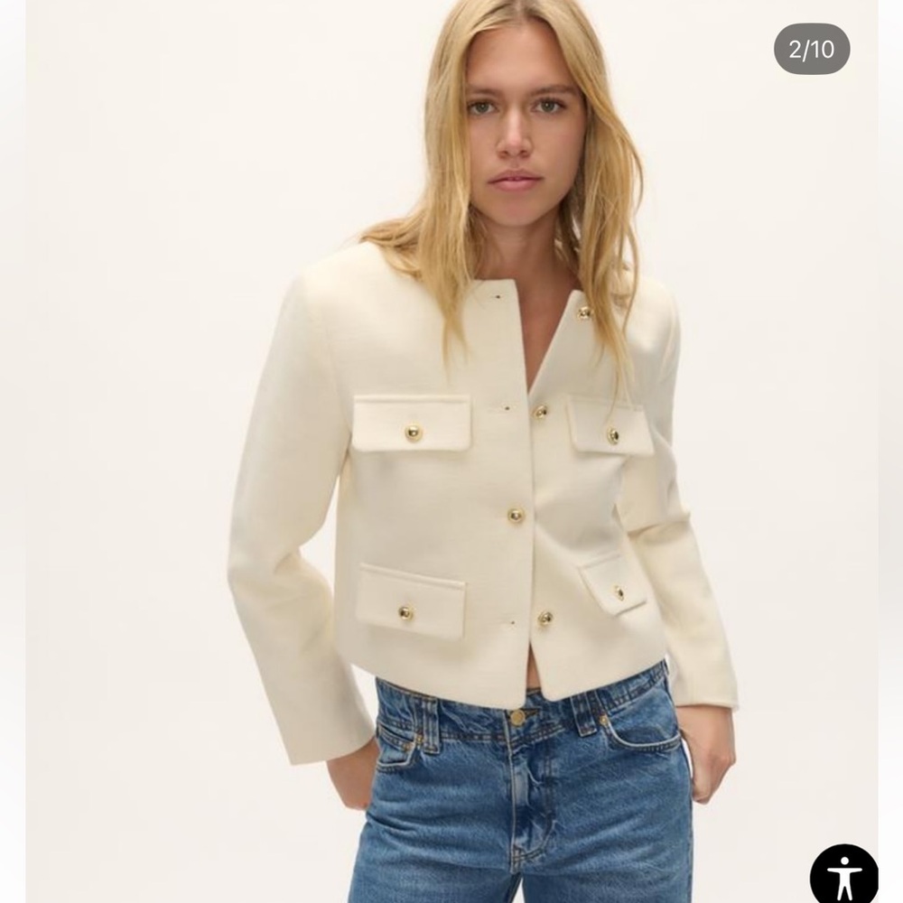 Zara Cream Tweed Cropped Jacket Gold Buttons Chanel Style XS FitsS/M Chic Blazer
